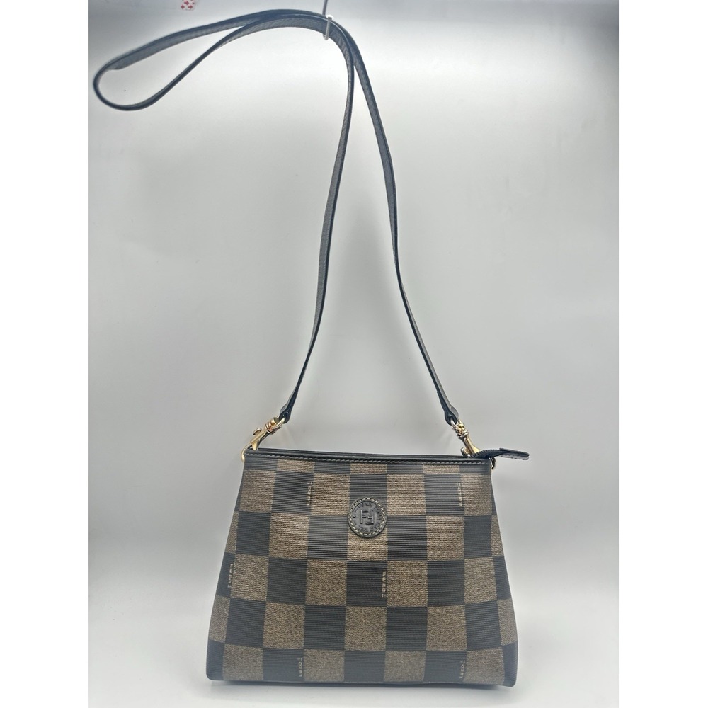 Fendi Vintage Pequin Check Zip Cosmetic Makeup Pouch Clutch Bag Brown W Strap